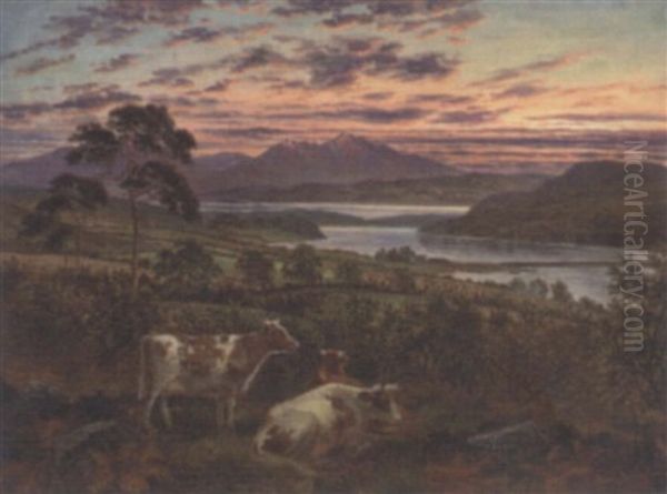 A Red Sky At Night - Loch Fadh Near Rothesay, With Arran In The Distance by Albert Dunington