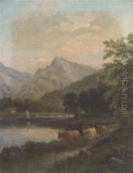 Highland Cattle By A River, Near Brodick, Arran Oil Painting by Albert Dunington