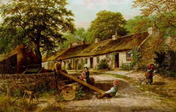 See-saw, The Old Cottage Homes, Lamlash, Arran Oil Painting by Albert Dunington