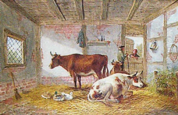 Barn Interior With Cattle And Figures Conversing At Doorway Oil Painting by Albert Dunington