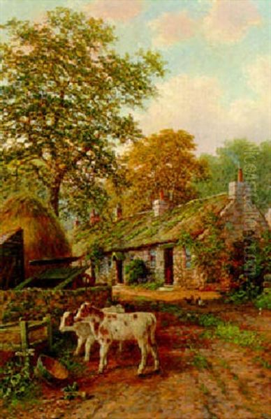 Calves And Chickens In A Farmyard Oil Painting by Albert Dunington