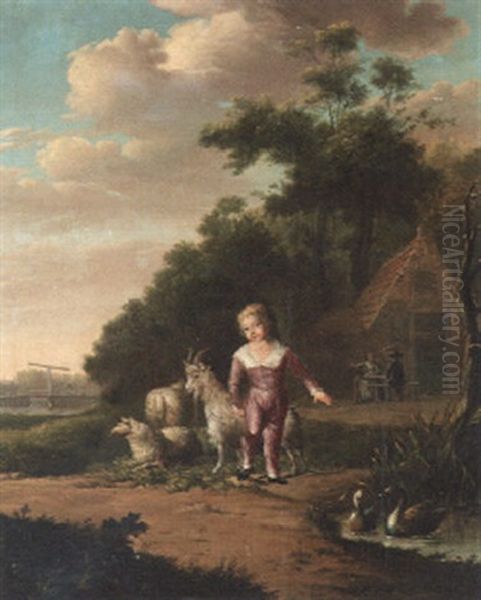 A Young Boy With A Tethered Goat By Pond, A Couple Seated By An Inn Beyond Oil Painting by Balthasar Anton Dunker