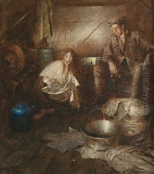 In The Shelter, Probable Story Illustration by Harvey Dunn