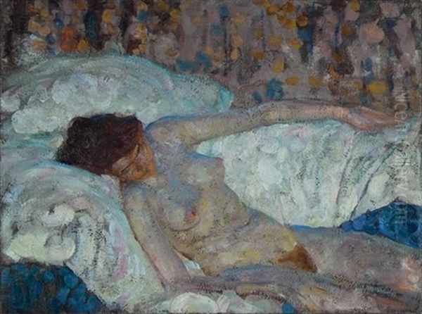 Reclining Nude Looking Down, Floral Curtain (illus.) Oil Painting by Harvey Dunn