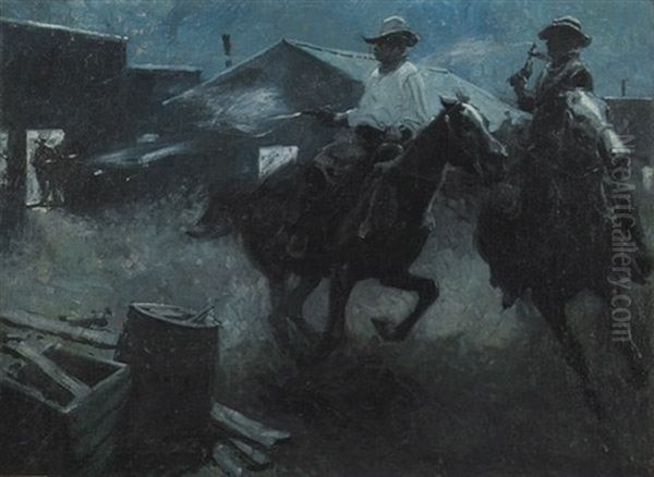 Two Cowboys On Horseback Shooting Their Way Out Of Town (illus.) by Harvey Dunn