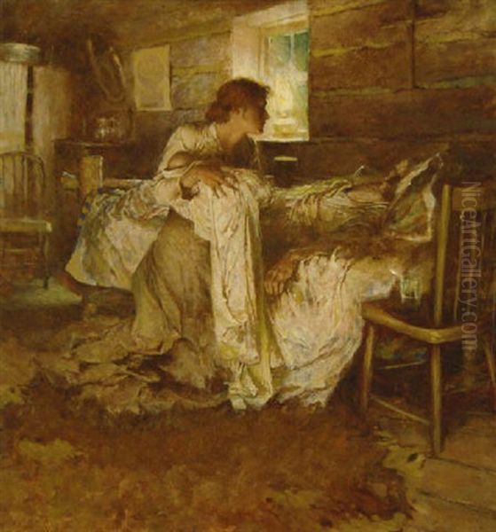 Woman With Infant Visiting Man In Bed Oil Painting by Harvey Dunn