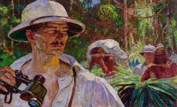 Men In Pith Helmets And Guides Emerging From Jungle Oil Painting by Harvey Dunn