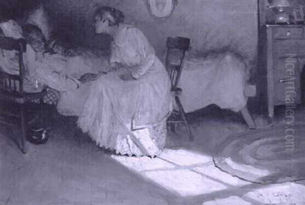 Woman Visiting Man In Sickbed Oil Painting by Harvey Dunn