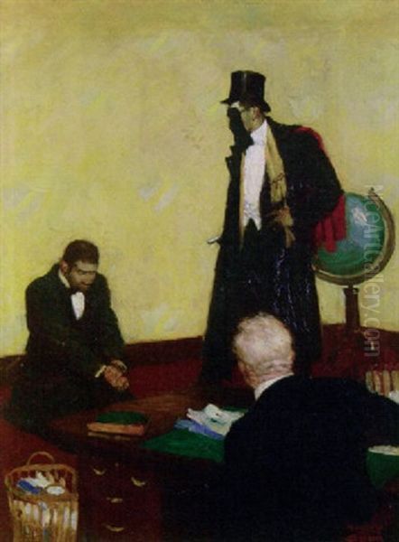 Elegantly Clad Mask-wearing Man Holding Two Men In Office Oil Painting by Harvey Dunn