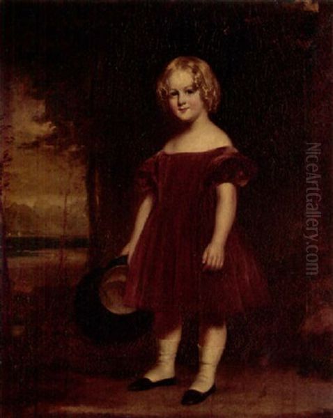 Portrait Of A Girl In A Red Dress, Holding A Hat, The Clyde Beyond Oil Painting by J. Dunn