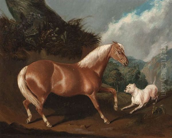 A Palomino Pony And A Bull Mastiff In A Landscape Oil Painting by Joseph (of Worcester) Dunn