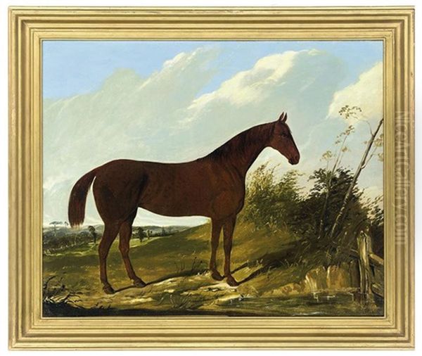 A Chestnut Hunter In A Pastoral Landscape Oil Painting by Joseph (of Worcester) Dunn