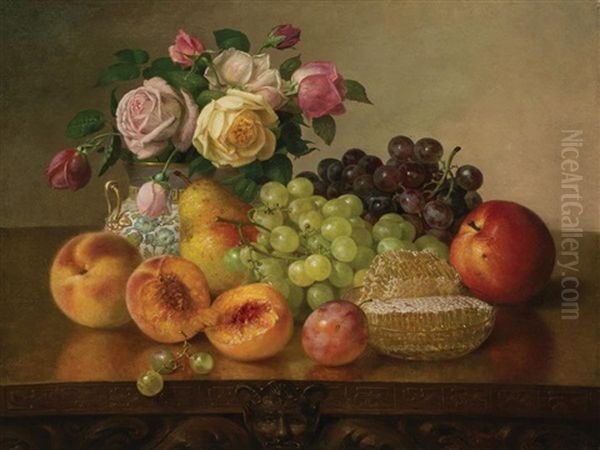 Still Life With Fruit, Roses And Honeycomb Oil Painting by Robert Spear Dunning