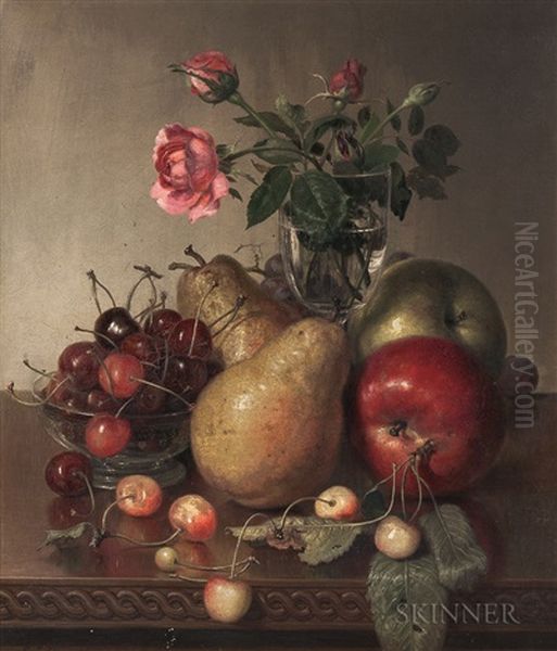 Tabletop Still Life With Fruit And Roses Oil Painting by Robert Spear Dunning