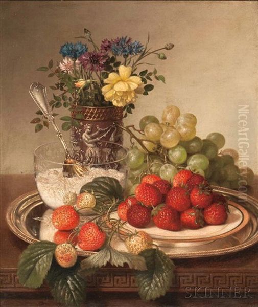 Strawberries, Grapes, Sugar Bowl, And Nosegay On A Silver Tray Oil Painting by Robert Spear Dunning