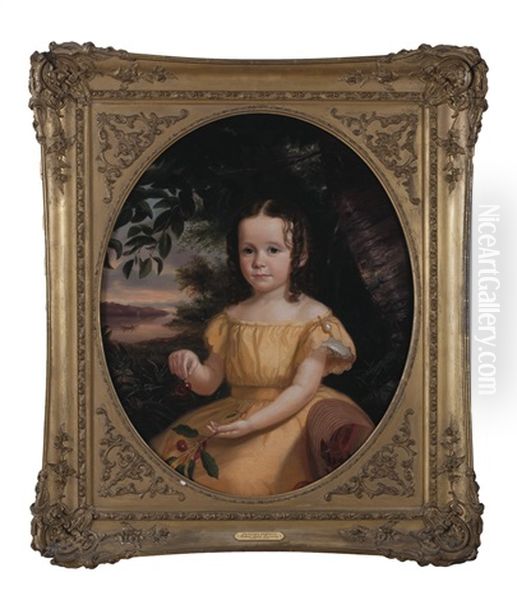 Portrait Of Frances Sherman, A Young Girl Holding A Branch Of Cherries Oil Painting by Robert Spear Dunning