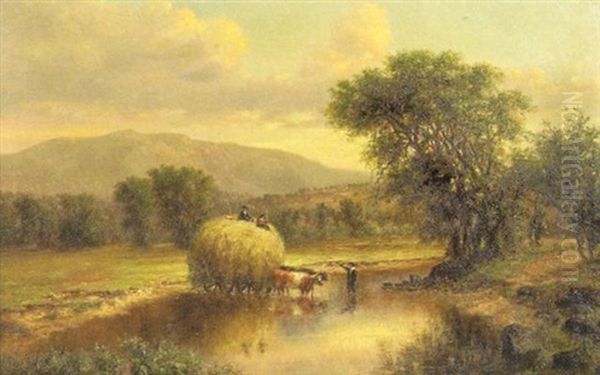 Oxen And Haying Cart Fording A Stream by Robert Spear Dunning