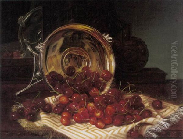 Cherries/a Still Life With Self Portrait Reflected In A Silver Compote Oil Painting by Robert Spear Dunning