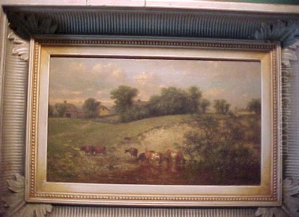 Cows Grazing In A Pastoral Landscape Oil Painting by Robert Spear Dunning