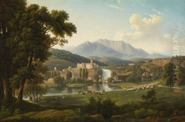 Castello Boncompagni-viscogliosi Und Der Wasserfall Auf Der Isola Del Liri Oil Painting by Alexandre Hyacinthe Dunouy