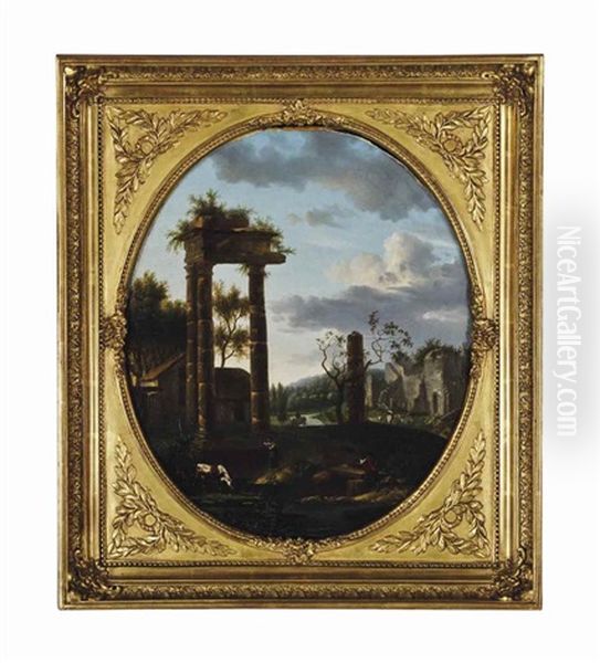 A Classical Landscape With Ruins And A Shepherd And Shepherdess In The Foreground Oil Painting by Alexandre Hyacinthe Dunouy