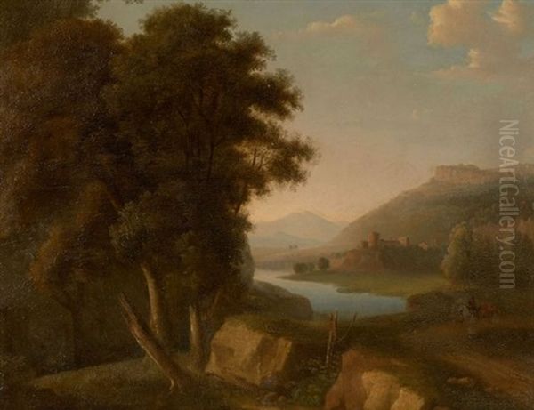 Cavalier Dans Un Paysage Avec Une Forteresse Au Bord D'un Etang Oil Painting by Alexandre Hyacinthe Dunouy