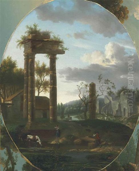 A Classical Landscape With Ruins And A Shepherd And Shepherdess In The Foreground Oil Painting by Alexandre Hyacinthe Dunouy