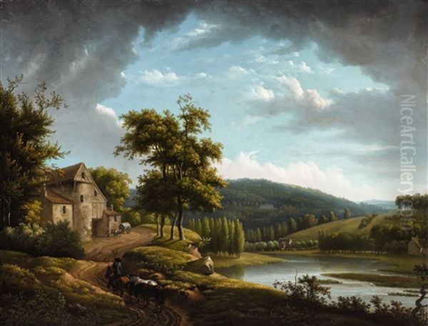 A Mountainous Landscape Oil Painting by Alexandre Hyacinthe Dunouy