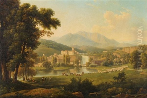 Ansicht Der Isola Del Liri Mit Dem Castello Boncompagni-viscogliosi Und Dem Wasserfall Oil Painting by Alexandre Hyacinthe Dunouy