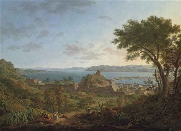 A View Of The Gulf Of Messina, With Figures On The Path In The Foreground by Alexandre Hyacinthe Dunouy