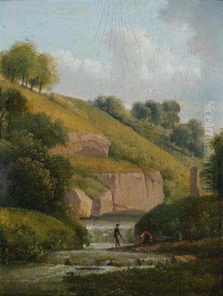 Pecheurs Au Bord Du Torrent Oil Painting by Alexandre Hyacinthe Dunouy