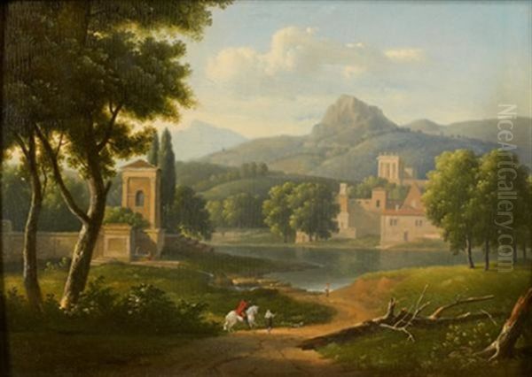 Paysage Neoclassique Anime D'un Cavalier Oil Painting by Alexandre Hyacinthe Dunouy