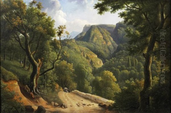 Paysage Neoclassique Avec Une Jeune Femme Courant Sur Un Chemin Oil Painting by Alexandre Hyacinthe Dunouy