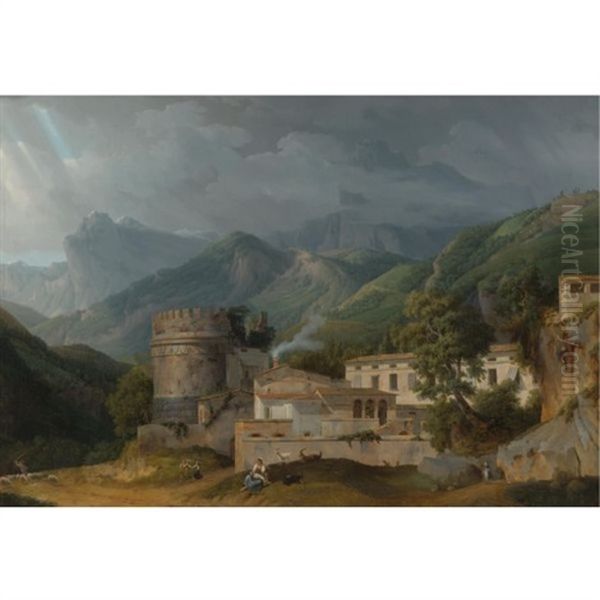 Italian Landscape With A Village At The A Foot Of Mountain Range Oil Painting by Alexandre Hyacinthe Dunouy