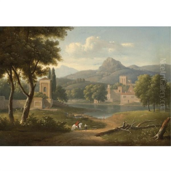 A Classical River Landscape With Travellers On A Path In The Foreground Oil Painting by Alexandre Hyacinthe Dunouy