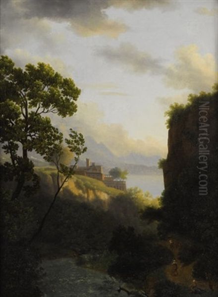 View Toward A Fortress And Mountain Lake Oil Painting by Alexandre Hyacinthe Dunouy