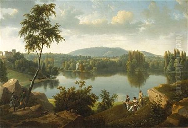 An Extensive Landscape With Figures Greeting Hunters Along The Banks Of A River Oil Painting by Alexandre Hyacinthe Dunouy