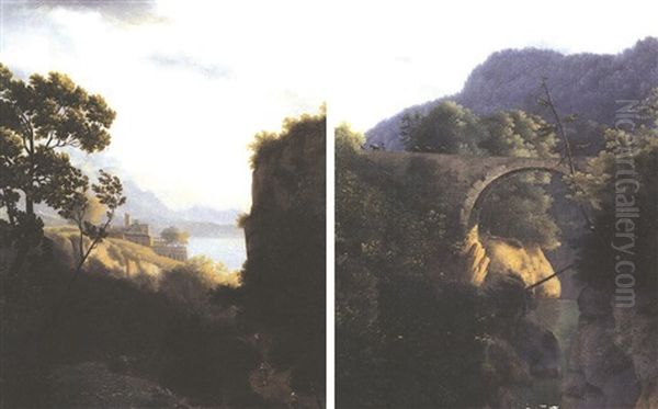 Veduta Del Ponte Del Diavolo A Sorrento (+ Veduta Di Ravello;  2 Works) Oil Painting by Alexandre Hyacinthe Dunouy