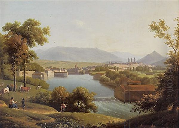 Paysage Fluvial Avec Montagnes En Arriere-plan Oil Painting by Alexandre Hyacinthe Dunouy