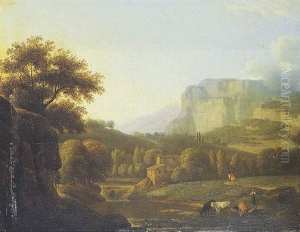 Vaches Pres D'une Riviere, Dans Un Paysage Italianisant Oil Painting by Alexandre Hyacinthe Dunouy