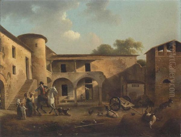 A Courtyard With A Horseman Departing From His Family Oil Painting by Alexandre Hyacinthe Dunouy