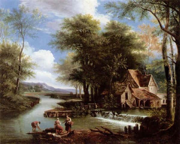 River Landscape With A Mill Oil Painting by Alexandre Hyacinthe Dunouy