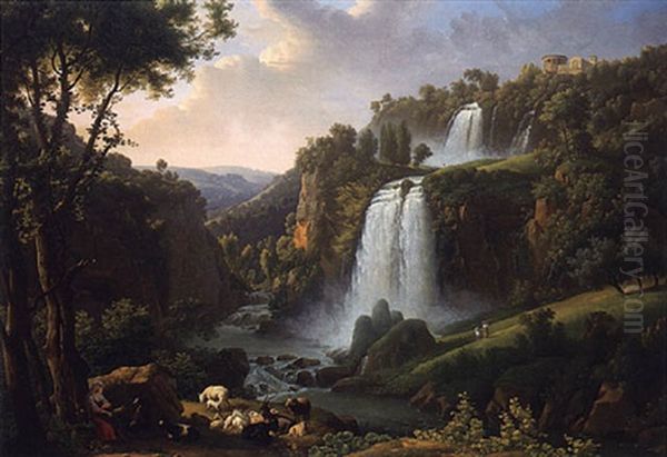 The Cascades At Tivoli With The Temple Of Sibyl And A Shepherdess In The Foreground Oil Painting by Alexandre Hyacinthe Dunouy