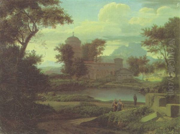 A Classical Landscape With A Basilica, Two Women On A Path By A Lake In The Foreground Oil Painting by Alexandre Hyacinthe Dunouy