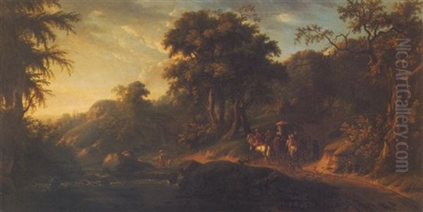 Landscape With A Riding Party Near A River Oil Painting by Alexandre Hyacinthe Dunouy