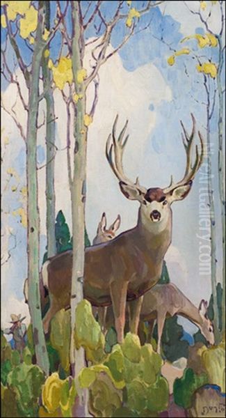 Mule, Deer, Buck And Doe Oil Painting by William Herbert Dunton