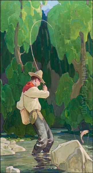 Fisherman In A Stream Oil Painting by William Herbert Dunton