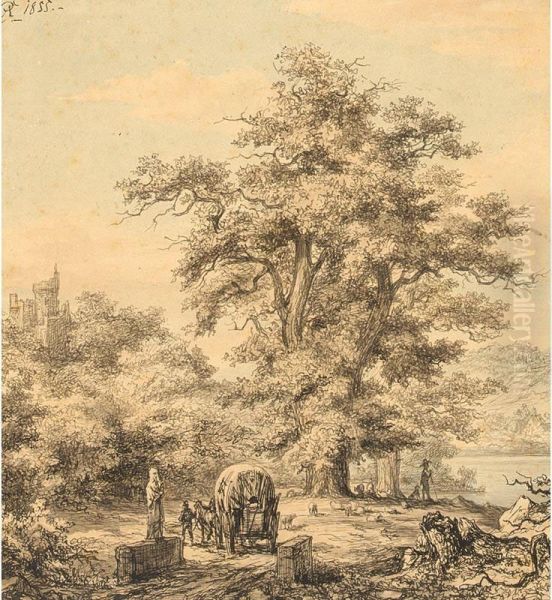 Forest Landscape With Travellers And A Horse Drawn Cart Oil Painting by Carl Johann Arnold