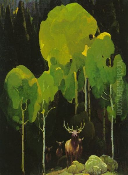 Aspens And Elk Oil Painting by William Herbert Dunton