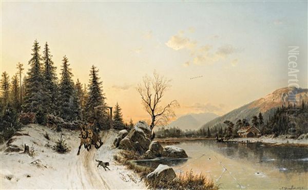 Norwegische Winterlandschaft Mit Pferdeschlitten Oil Painting by Johannes Bartholomaeus Duntze